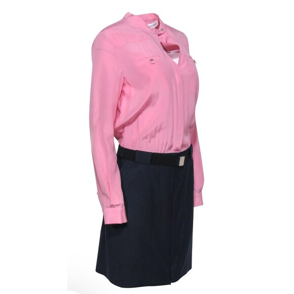 Diane von Furstenberg Shirt Dress 4 Pink Silk Combo Navy Wool Skirt Old Money - Picture 2 of 9